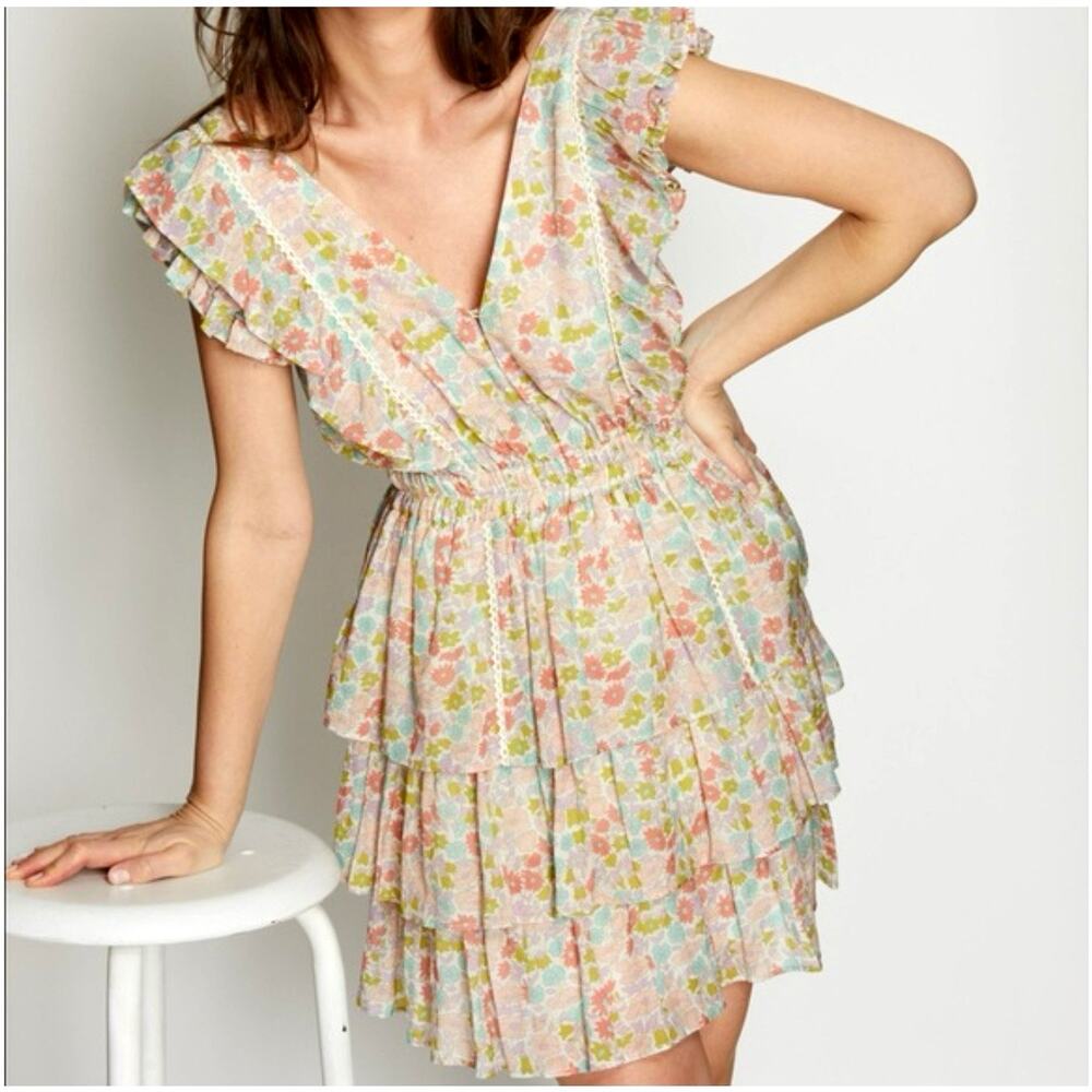 LOVE THE LABEL Ines Ivory‎ Floral Ruffle Tiered Dress NWOT Womans XS
